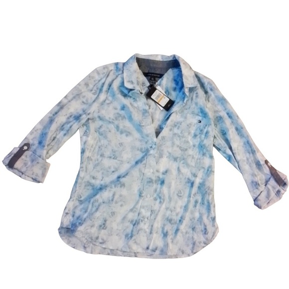 🎊3 FOR $1O TOMMY HILLFIGER WOMNS TIEDYE BUTTON DOWN HERITAGE SHIRT SIZE SP NWT - Picture 1 of 3